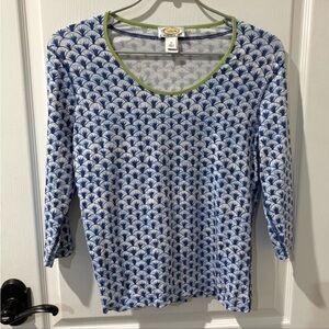Talbots Blue and White Geometric Paisley 3/4 Sleeve Top